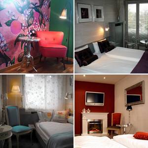 Auswahl unserer individuell gestalteten Gästezimmer ("Flower Power", "Die Farbe Lila", "Frauenzimmer", "Kaminzimmer")
